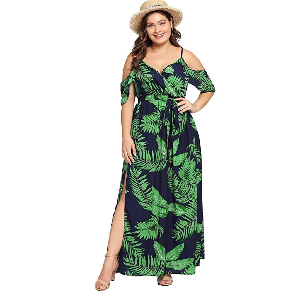 NWOT SHEIN COLD SHOULDER SLIT HEM TROPICAL DRESS